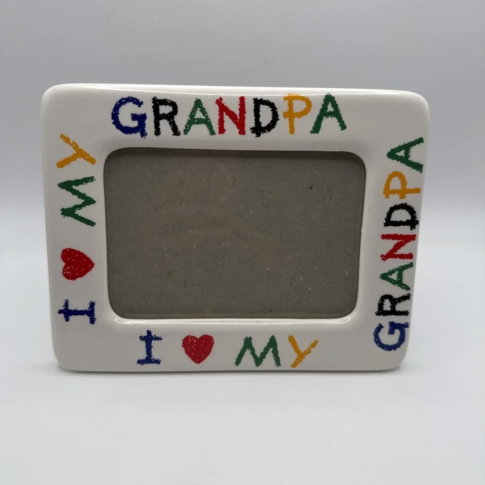 I Love My Grandpa Ceramic Photo Picture Frame Heart Crayon Vintage 4x6